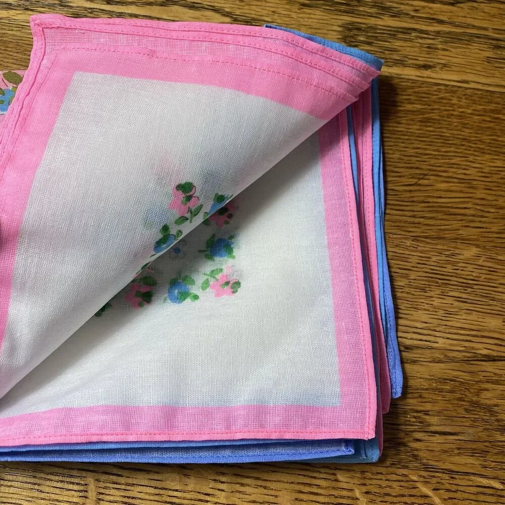 Vintage Set of 6 Handkerchiefs Blue Pink Floral NOS